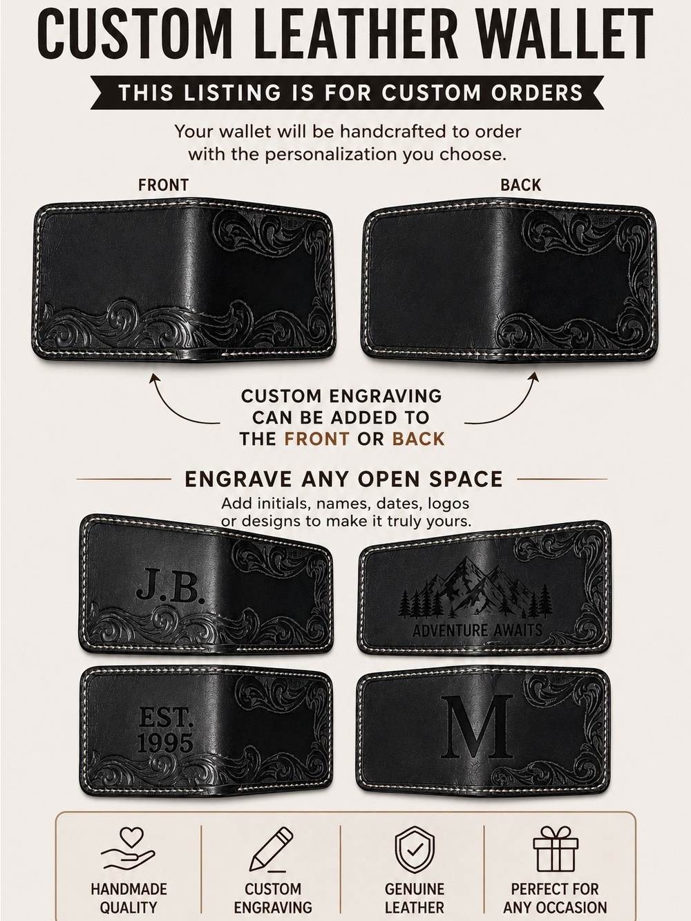 CUSTOM LEATHER Hand-Tooled Leather Bifold Wallet Design BLACK